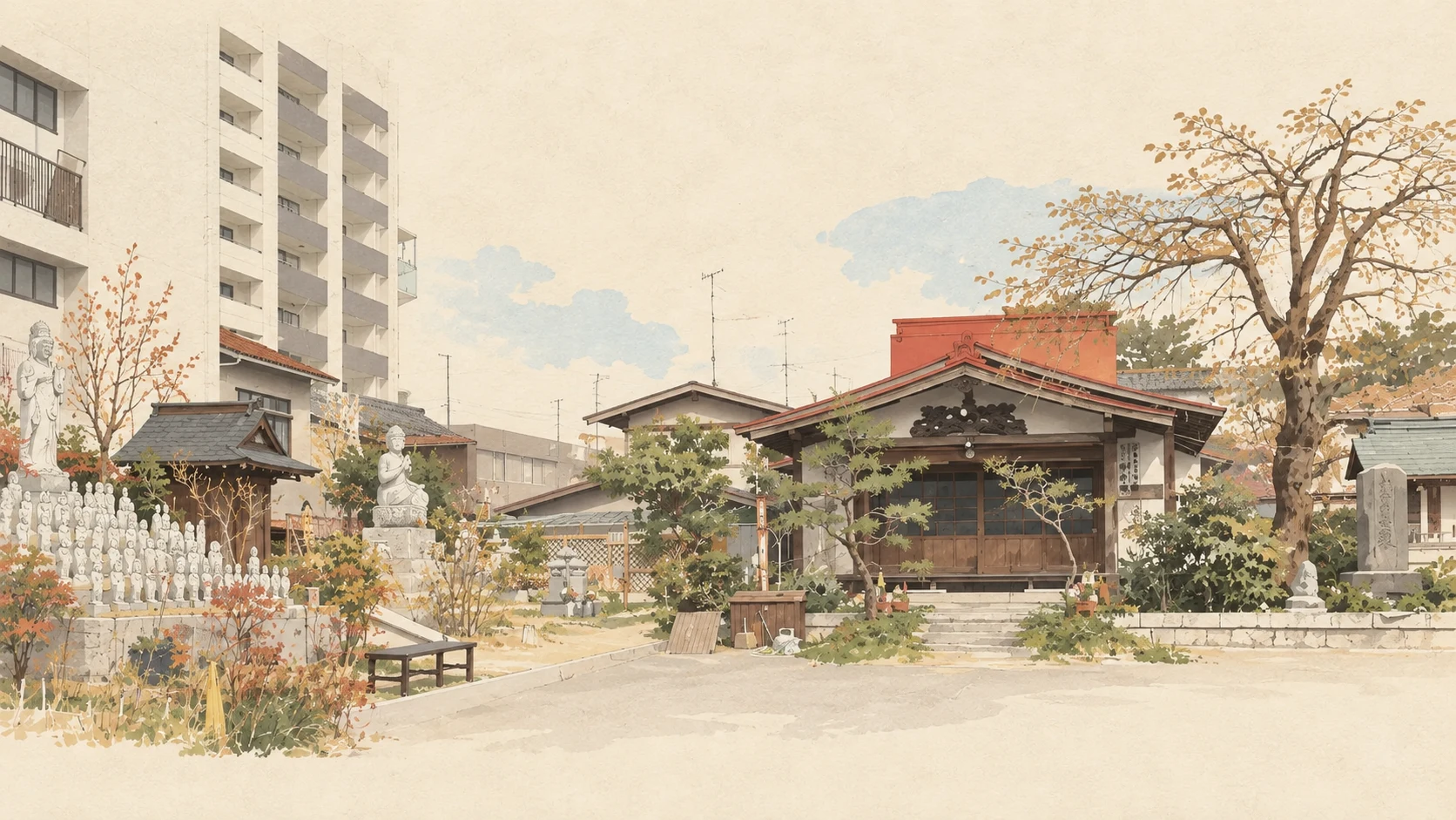 妙法寺の境内全景を実写真から描き起こしたイラスト