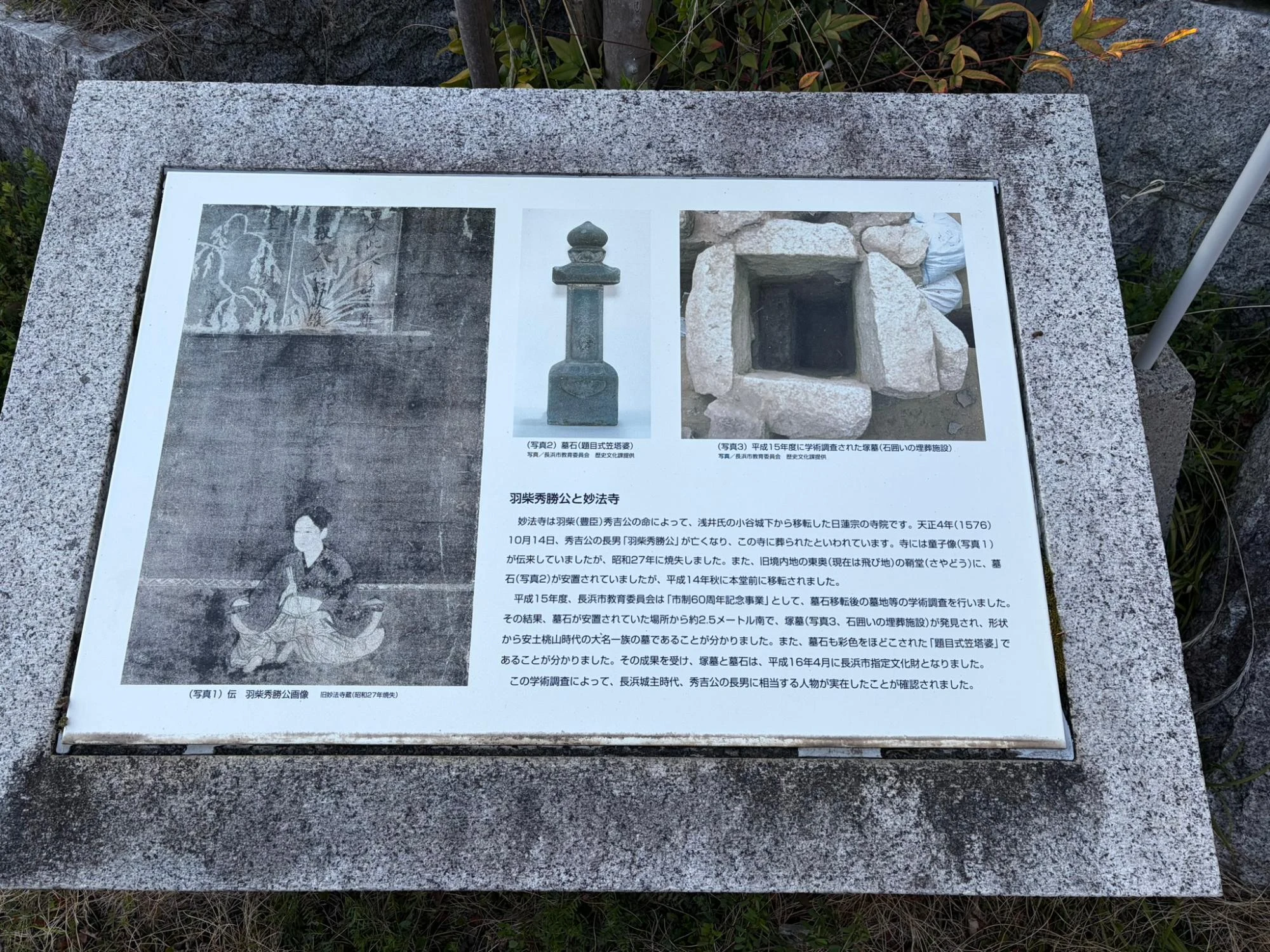 現地案内板に掲載された、伝羽柴秀勝公画像、石造笠塔婆、塚墓の記録写真